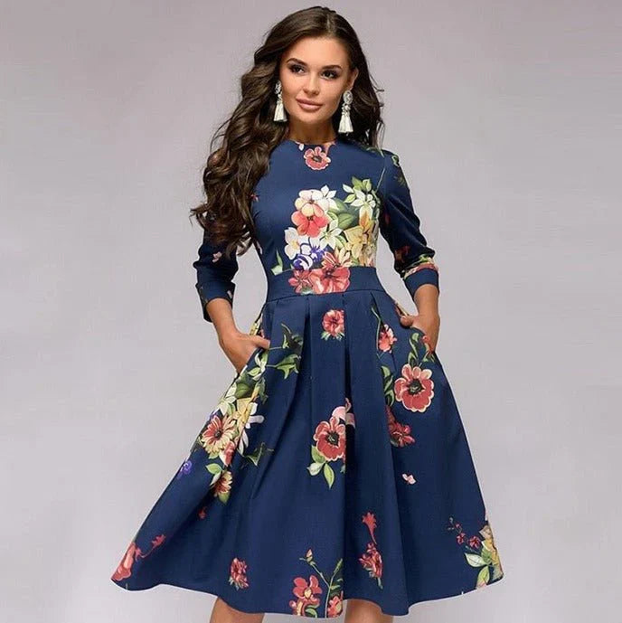 Women's Midi Dress - A-Line Fit-and-Flare - Three-Quarter Sleeves - Floral Print
