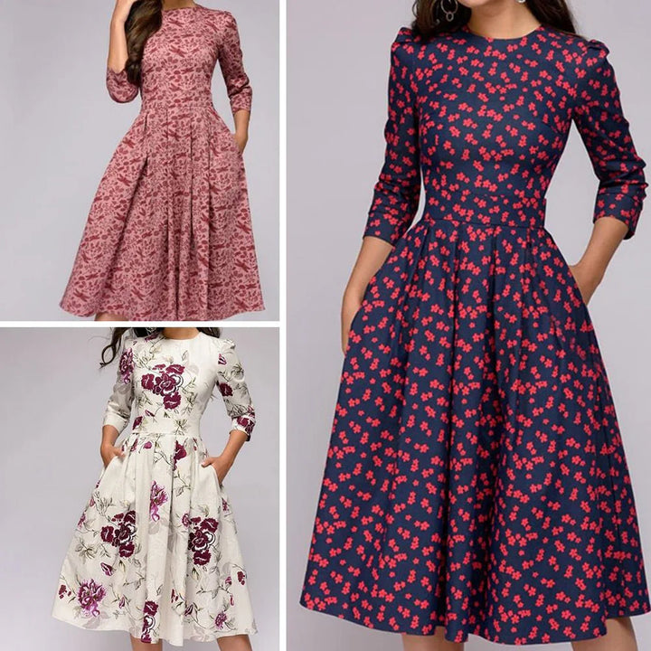 Women's Midi Dress - A-Line Fit-and-Flare - Three-Quarter Sleeves - Floral Print