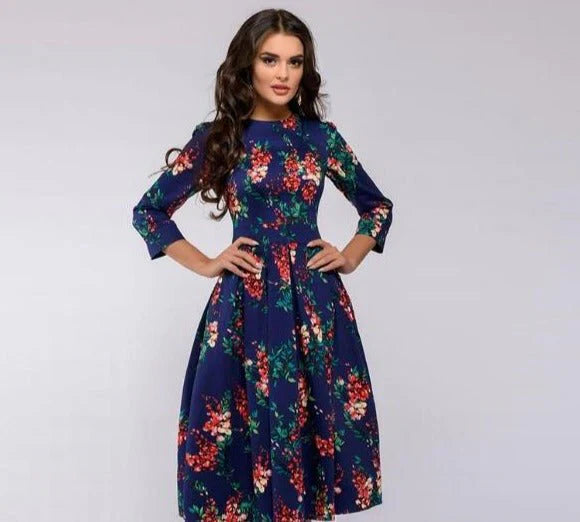 Women's Midi Dress - A-Line Fit-and-Flare - Three-Quarter Sleeves - Floral Print