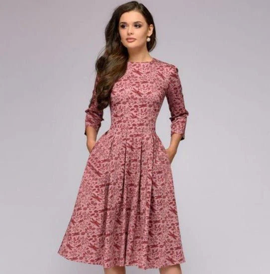 Women's Midi Dress - A-Line Fit-and-Flare - Three-Quarter Sleeves - Floral Print