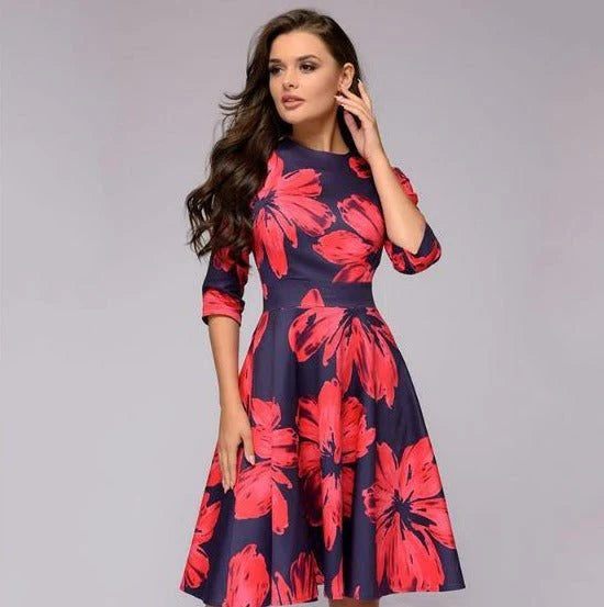 Women's Midi Dress - A-Line Fit-and-Flare - Three-Quarter Sleeves - Floral Print