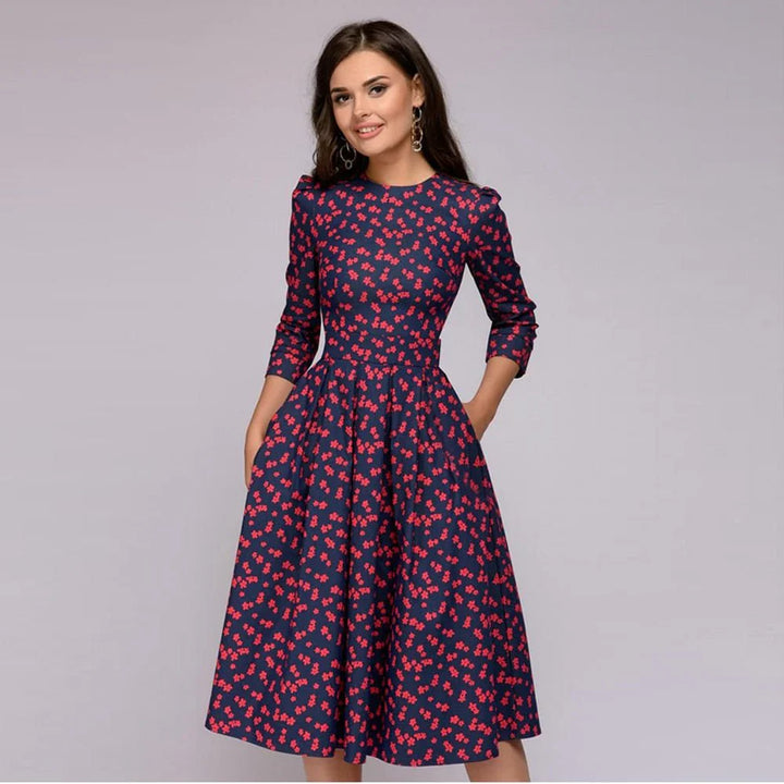 Women's Midi Dress - A-Line Fit-and-Flare - Three-Quarter Sleeves - Floral Print