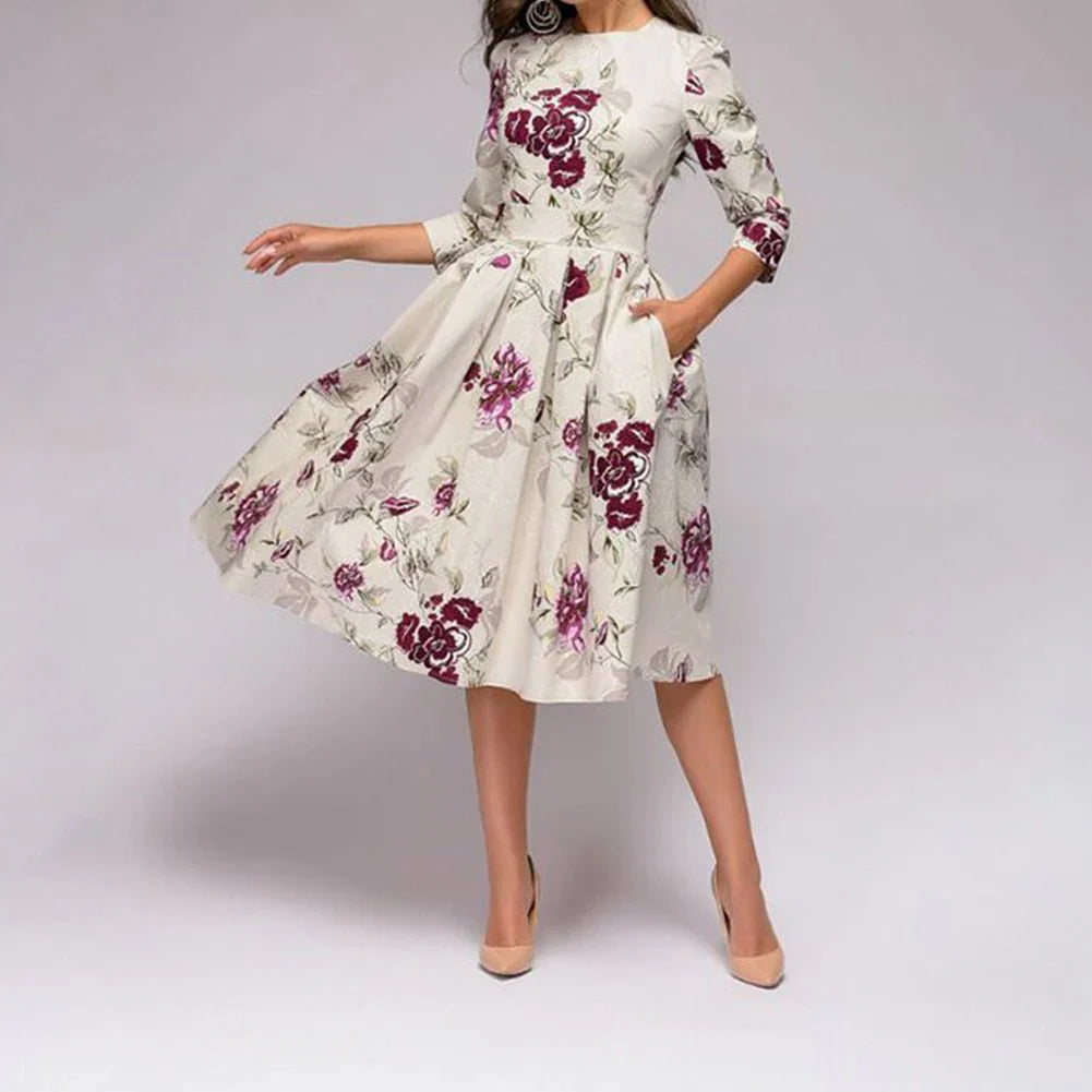 Women's Midi Dress - A-Line Fit-and-Flare - Three-Quarter Sleeves - Floral Print