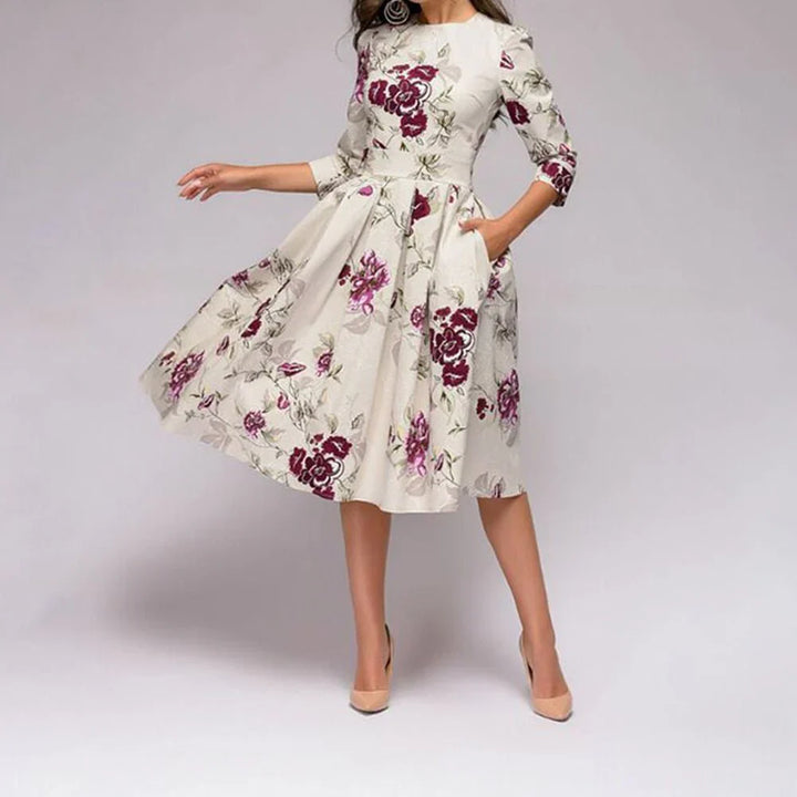Women's Midi Dress - A-Line Fit-and-Flare - Three-Quarter Sleeves - Floral Print
