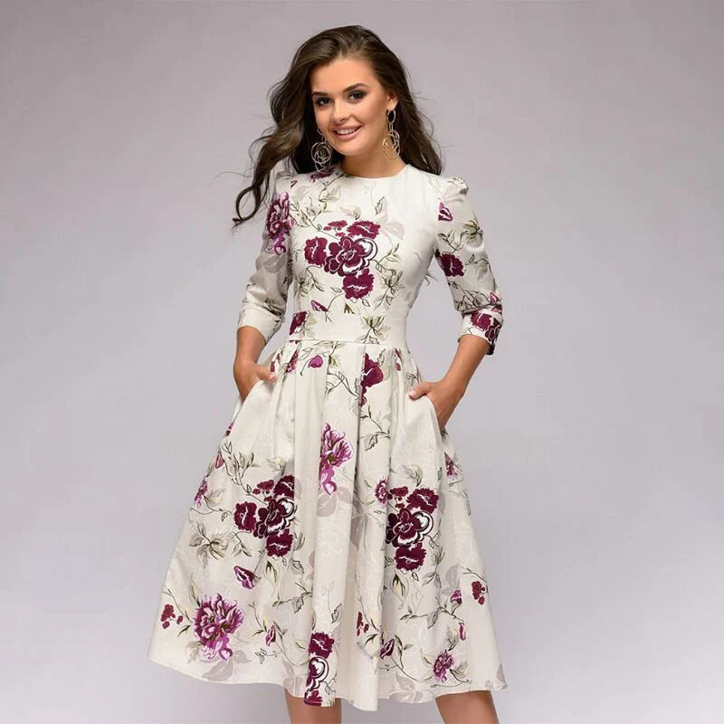 Women's Midi Dress - A-Line Fit-and-Flare - Three-Quarter Sleeves - Floral Print