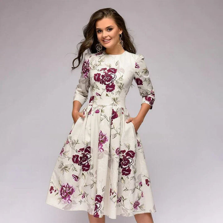 Women's Midi Dress - A-Line Fit-and-Flare - Three-Quarter Sleeves - Floral Print