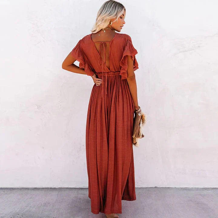 Women's Maxi Dress - V-Neck - Short Flared Sleeves - Button-Down - Adjustable Waist