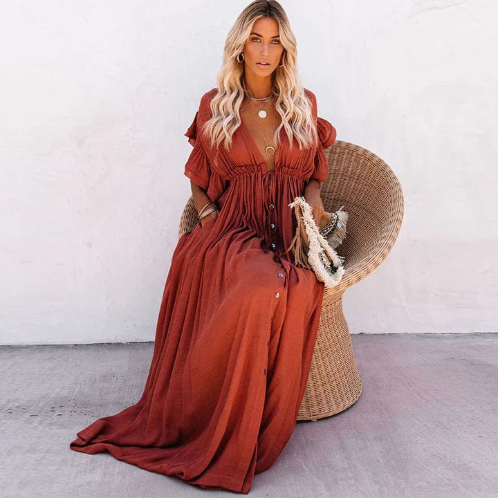 Women's Maxi Dress - V-Neck - Short Flared Sleeves - Button-Down - Adjustable Waist