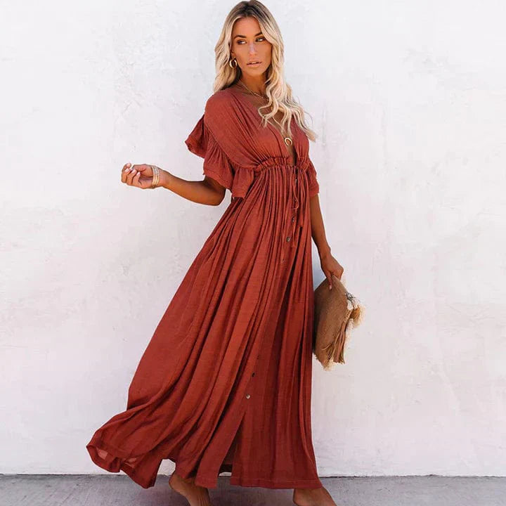 Women's Maxi Dress - V-Neck - Short Flared Sleeves - Button-Down - Adjustable Waist
