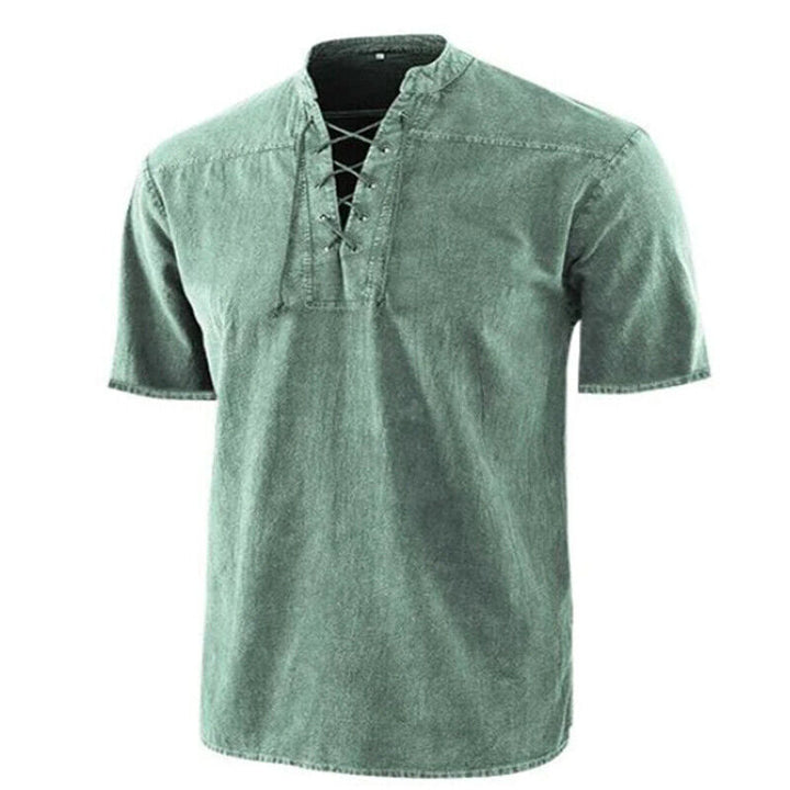 Men’s Retro Shirt – Relaxed Fit – Lace-Up Neckline – Short Sleeve – Breathable Blend
