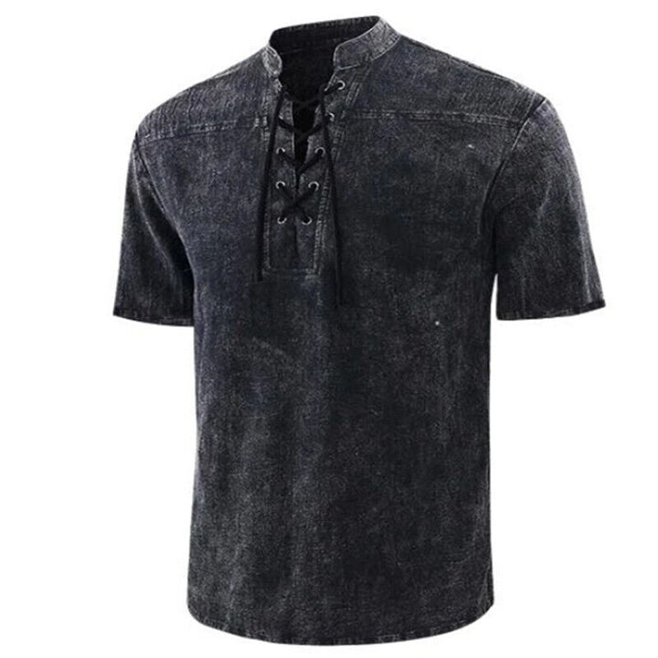 Men’s Retro Shirt – Relaxed Fit – Lace-Up Neckline – Short Sleeve – Breathable Blend
