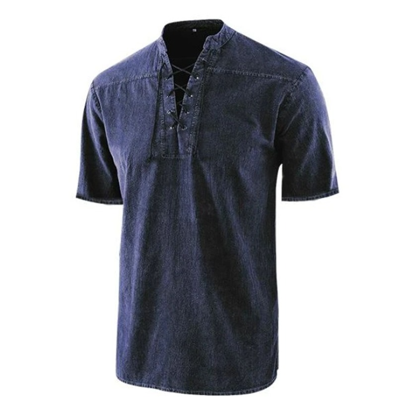 Men’s Retro Shirt – Relaxed Fit – Lace-Up Neckline – Short Sleeve – Breathable Blend