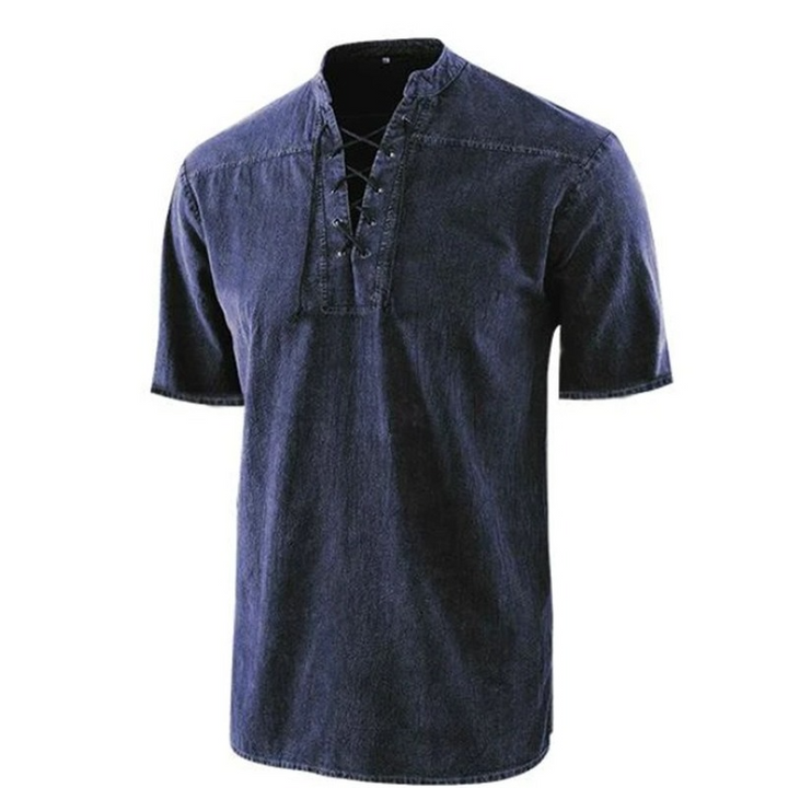 Men’s Retro Shirt – Relaxed Fit – Lace-Up Neckline – Short Sleeve – Breathable Blend