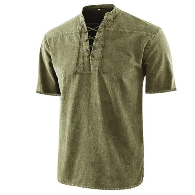 Men’s Retro Shirt – Relaxed Fit – Lace-Up Neckline – Short Sleeve – Breathable Blend