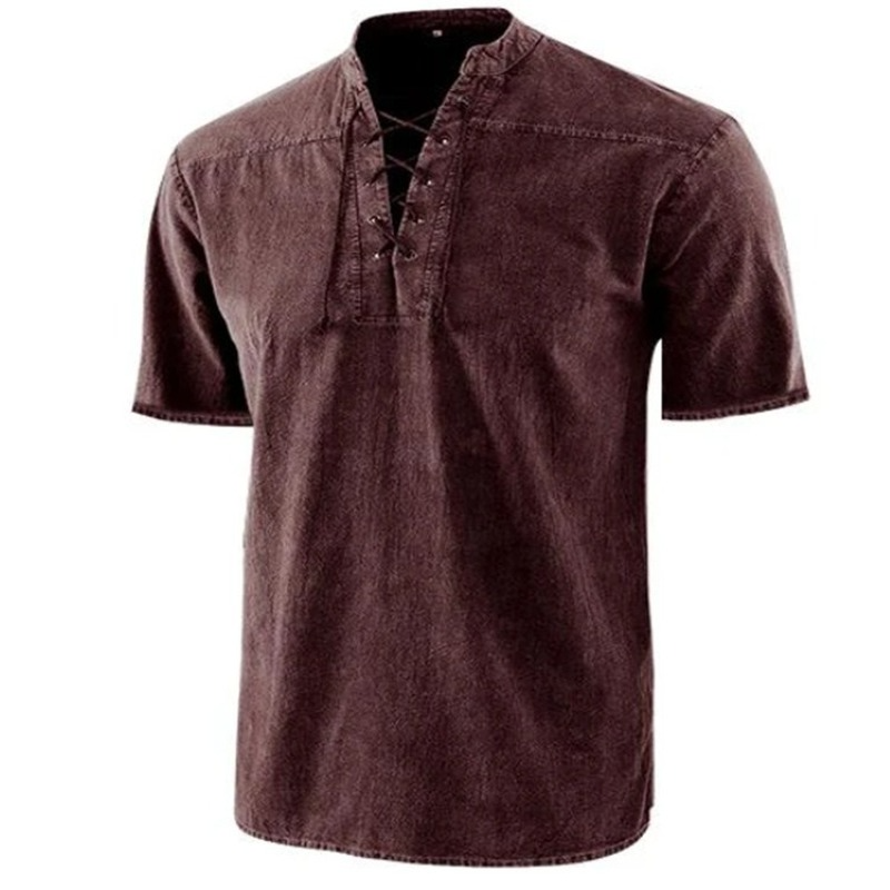 Men’s Retro Shirt – Relaxed Fit – Lace-Up Neckline – Short Sleeve – Breathable Blend