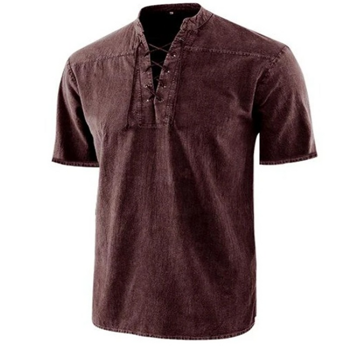 Men’s Retro Shirt – Relaxed Fit – Lace-Up Neckline – Short Sleeve – Breathable Blend