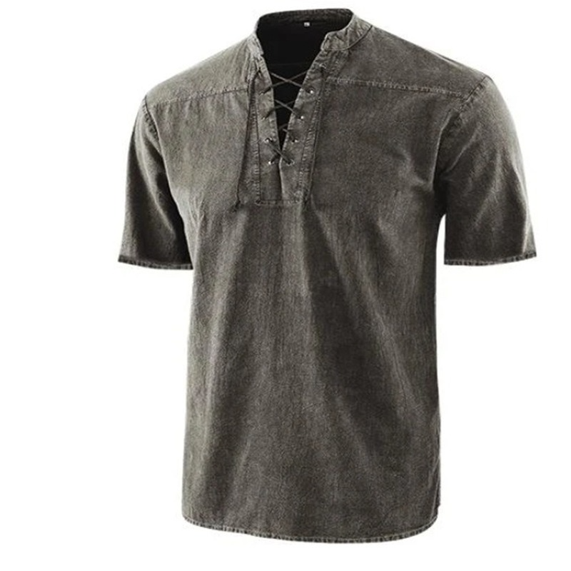 Men’s Retro Shirt – Relaxed Fit – Lace-Up Neckline – Short Sleeve – Breathable Blend
