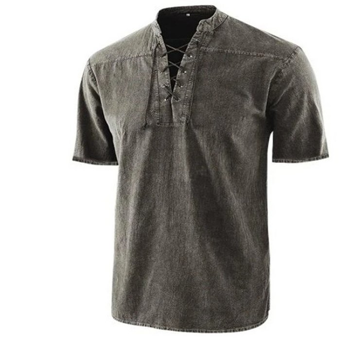 Men’s Retro Shirt – Relaxed Fit – Lace-Up Neckline – Short Sleeve – Breathable Blend