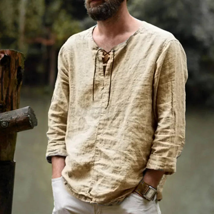 Men’s Long Sleeve Shirt – Natural Fibers – Relaxed Fit – Lace-Up Neckline Casual Style