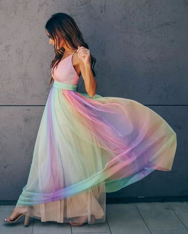 Women's Maxi Dress - Sleeveless Halter - Deep V-Neck - Flowing Elegant Fit