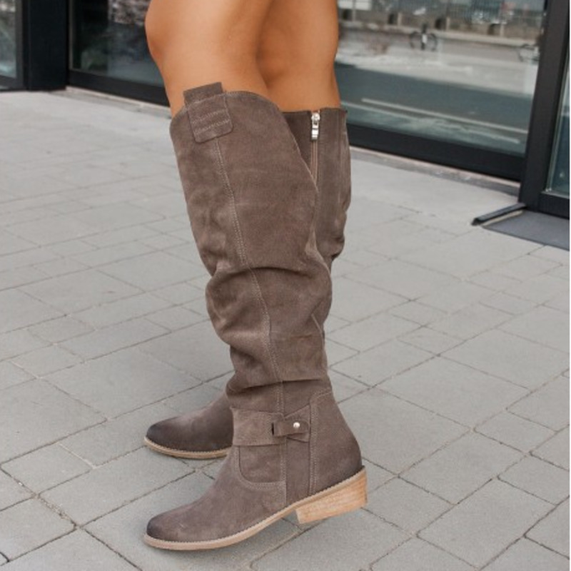 Women’s Knee-High Boots – Soft Textured Finish – Low Heel – Round Toe – Side Zip Strap