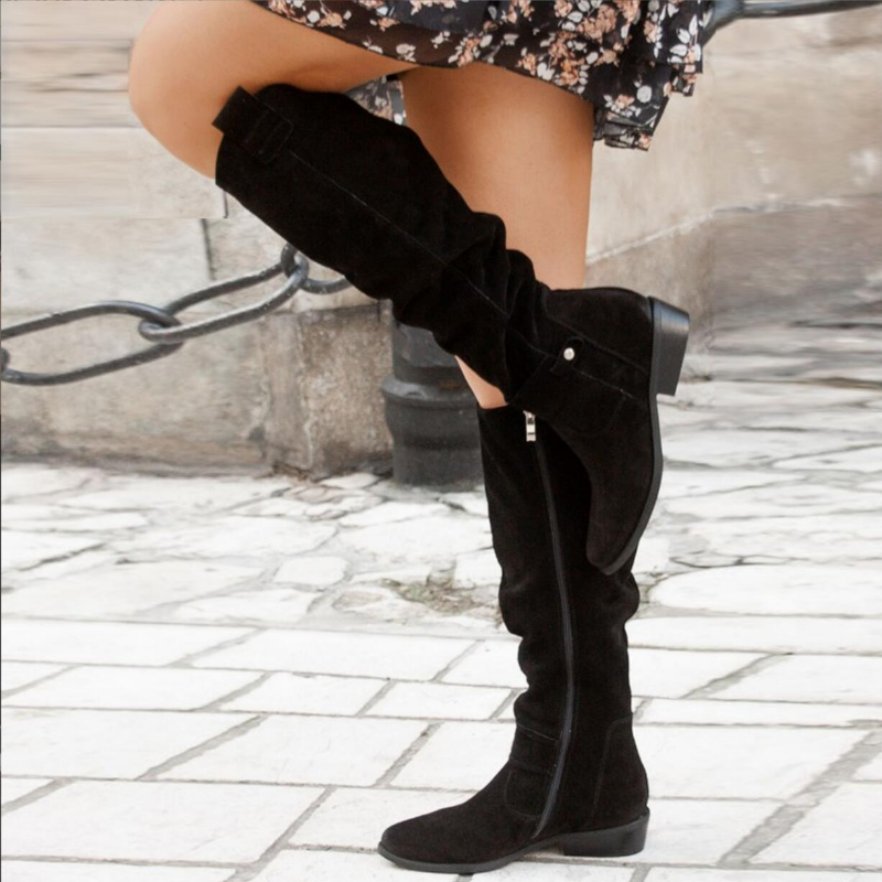 Women’s Knee-High Boots – Soft Textured Finish – Low Heel – Round Toe – Side Zip Strap