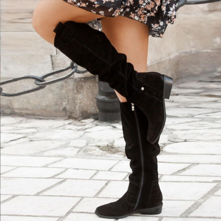 Women’s Knee-High Boots – Soft Textured Finish – Low Heel – Round Toe – Side Zip Strap