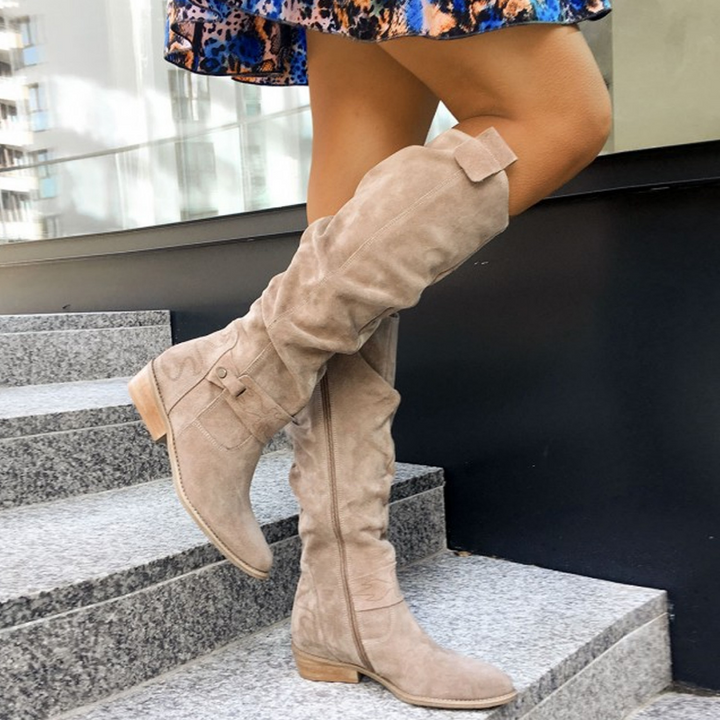 Women’s Knee-High Boots – Soft Textured Finish – Low Heel – Round Toe – Side Zip Strap