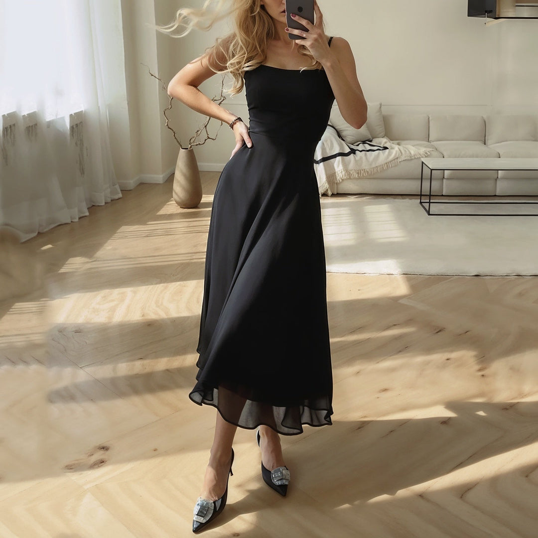 Women’s Midi Dress - Slim Fit Bodice - Flared Silhouette - Square Neck