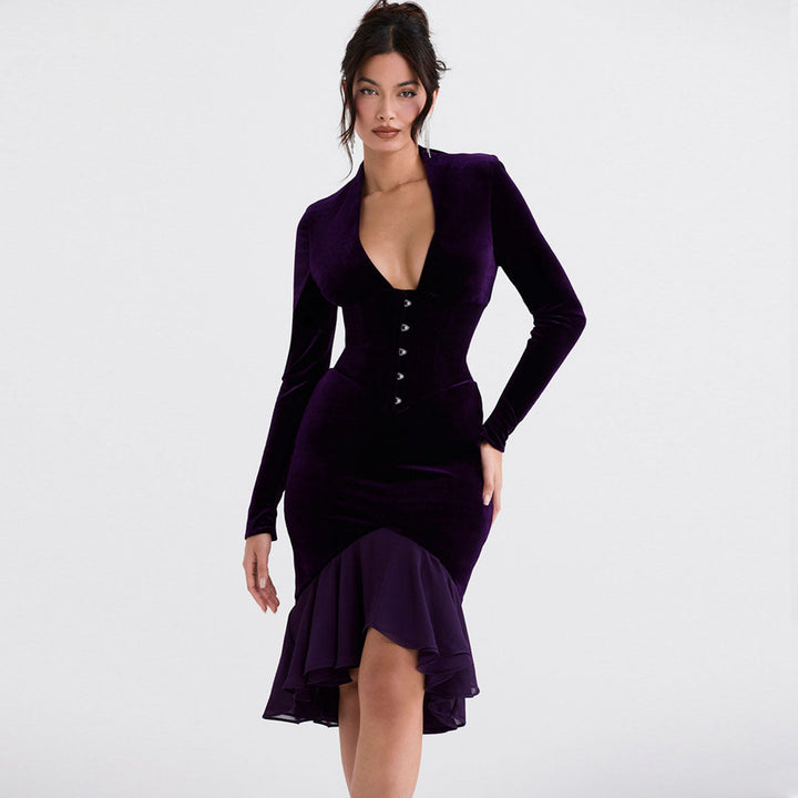 Velvet Mini Dress with Mesh Panels and Ruffle Hem – For Women