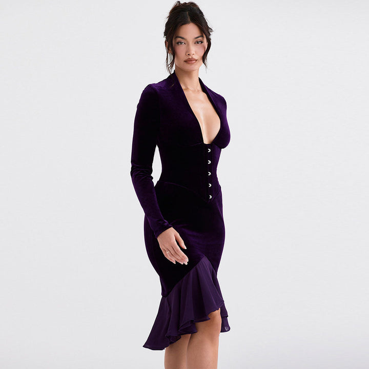 Velvet Mini Dress with Mesh Panels and Ruffle Hem – For Women