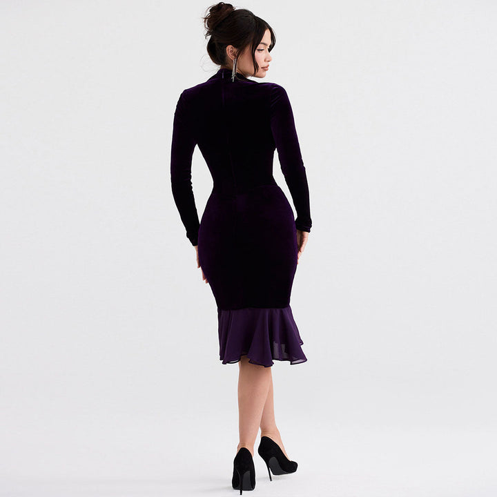 Velvet Mini Dress with Mesh Panels and Ruffle Hem – For Women