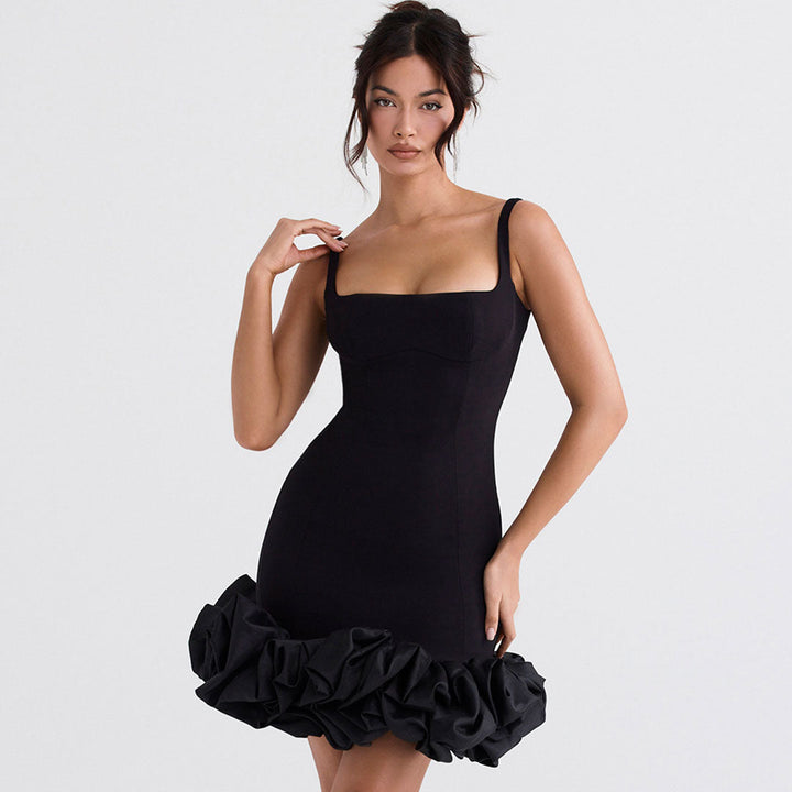 Women's Mini Dress - Square Neck - Sleeveless - Bodycon Fit - Ruffled Hem - Elegant Evening Wear