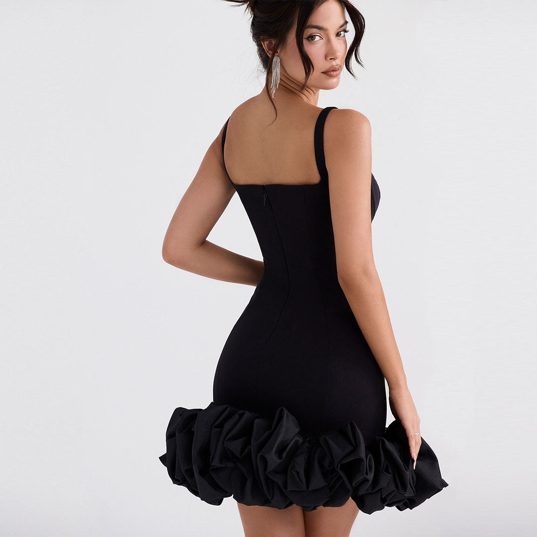 Women's Mini Dress - Square Neck - Sleeveless - Bodycon Fit - Ruffled Hem - Elegant Evening Wear