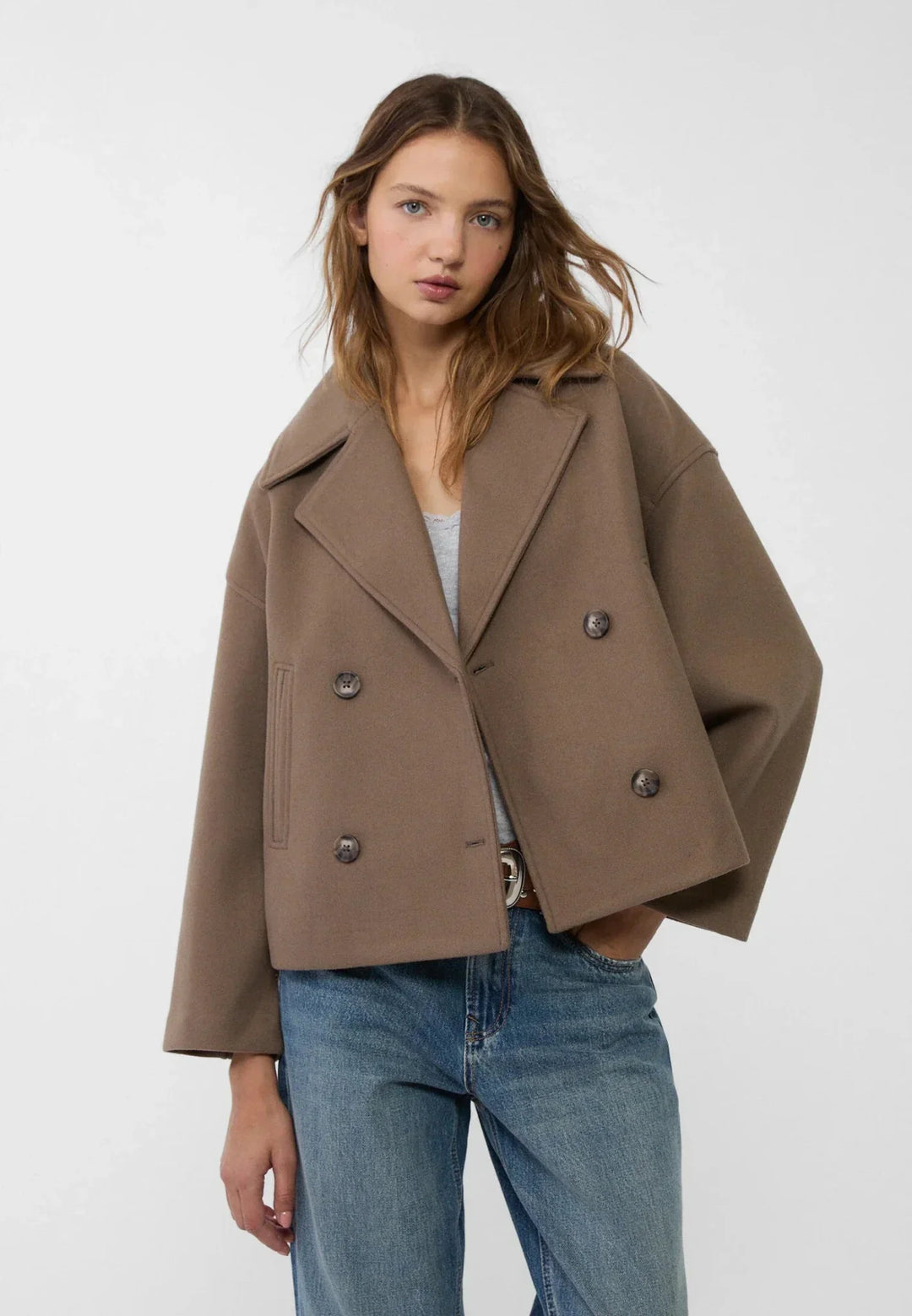 Women’s Double-Breasted Jacket – Wool-Look – Oversized Cropped Fit – Structured Lapels