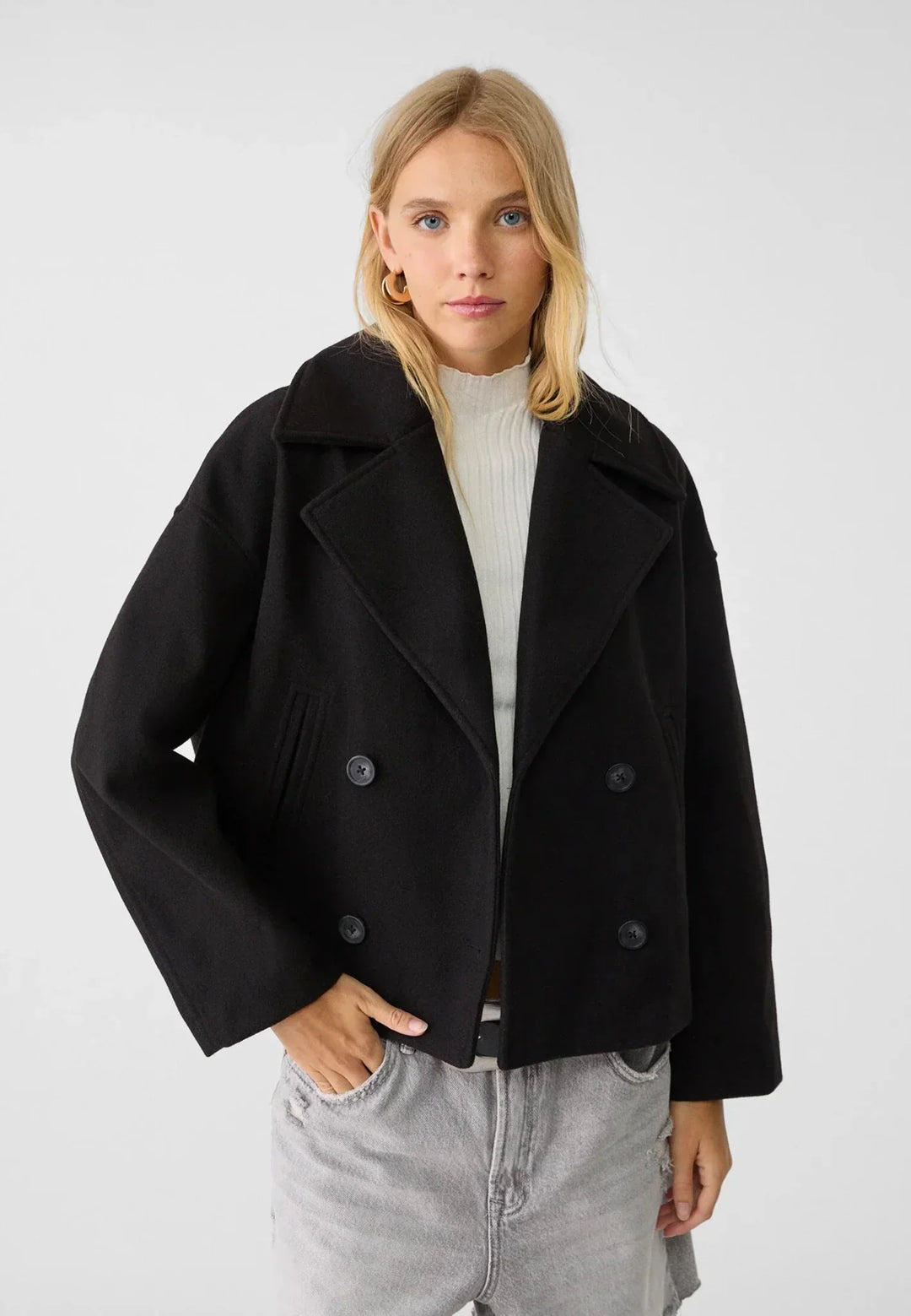 Women’s Double-Breasted Jacket – Wool-Look – Oversized Cropped Fit – Structured Lapels