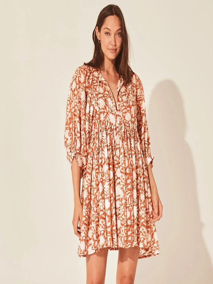 Women's Maxi Dress - V-Neck Tie Closure - Puff Sleeves - Flowing Boho Floral Design