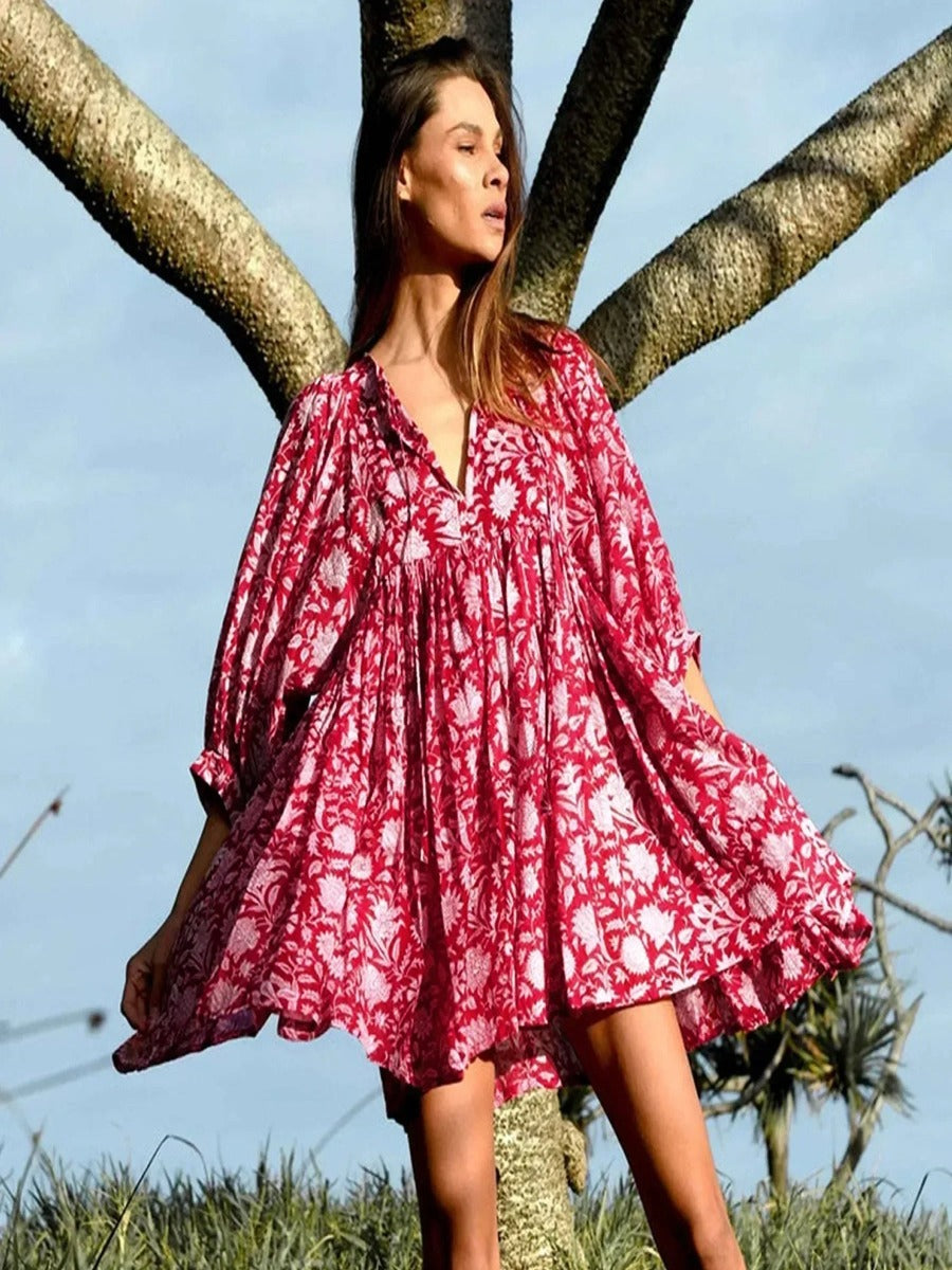 Women's Maxi Dress - V-Neck Tie Closure - Puff Sleeves - Flowing Boho Floral Design