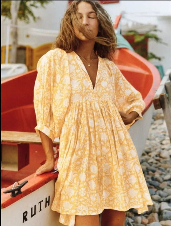 Women's Maxi Dress - V-Neck Tie Closure - Puff Sleeves - Flowing Boho Floral Design
