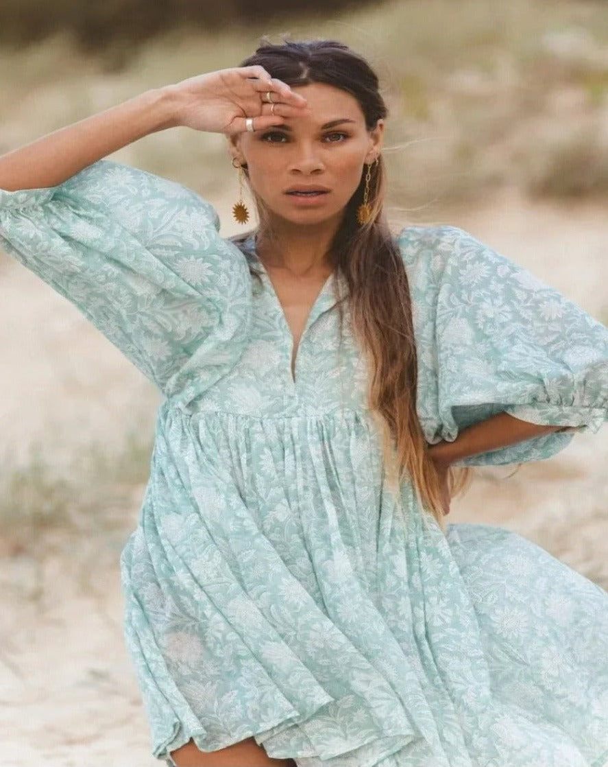Women's Maxi Dress - V-Neck Tie Closure - Puff Sleeves - Flowing Boho Floral Design