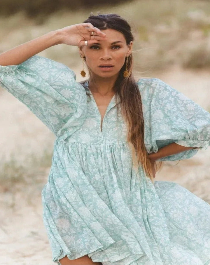 Women's Maxi Dress - V-Neck Tie Closure - Puff Sleeves - Flowing Boho Floral Design