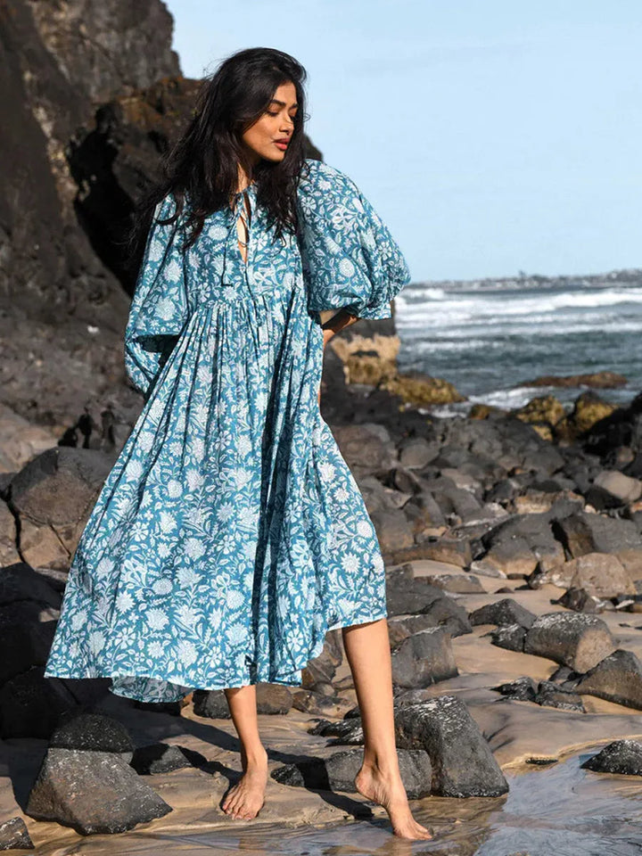 Women's Maxi Dress - V-Neck Tie Closure - Puff Sleeves - Flowing Boho Floral Design