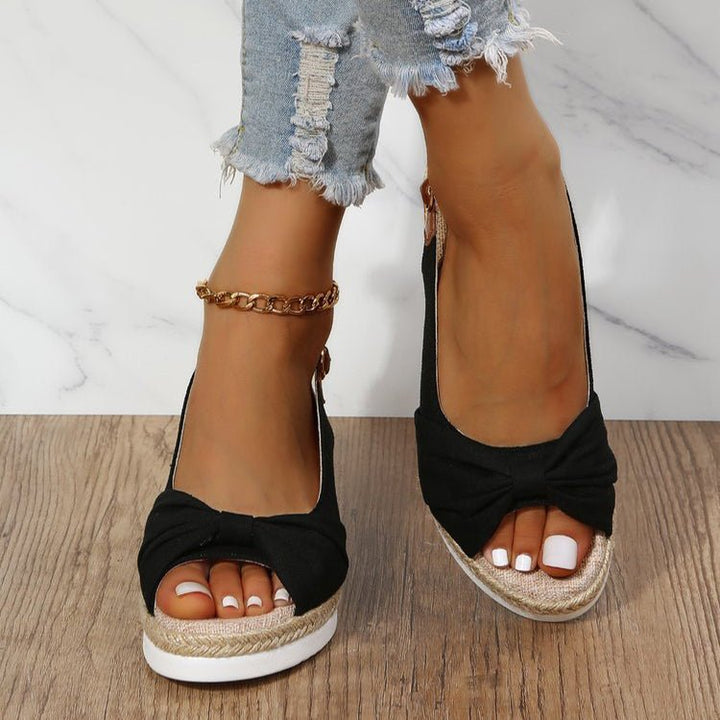 Women’s Wedge Sandals – Open Toe – Slingback Strap – Knot Detail – Braided Platform