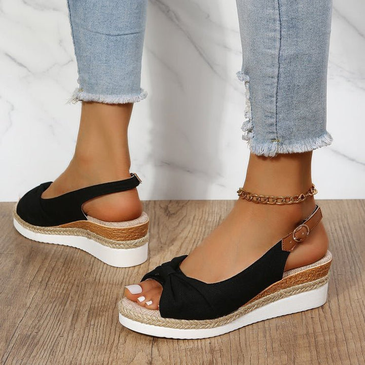 Women’s Wedge Sandals – Open Toe – Slingback Strap – Knot Detail – Braided Platform