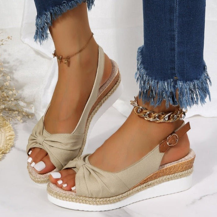 Women’s Wedge Sandals – Open Toe – Slingback Strap – Knot Detail – Braided Platform