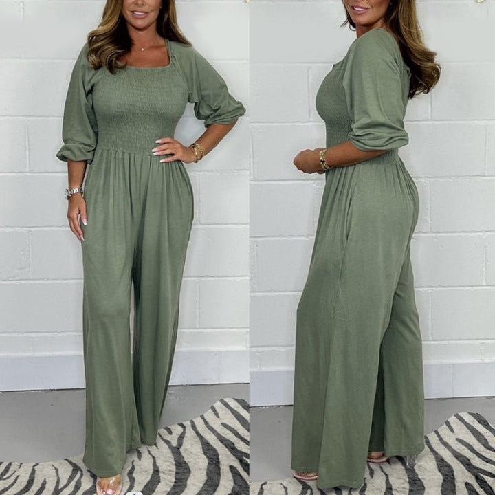 Women's Jumpsuit - Square Neck - Long Sleeve - Shirred Bodice - Wide-Leg Fit