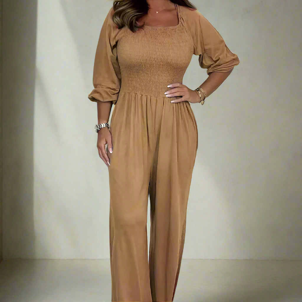 Women's Jumpsuit - Square Neck - Long Sleeve - Shirred Bodice - Wide-Leg Fit