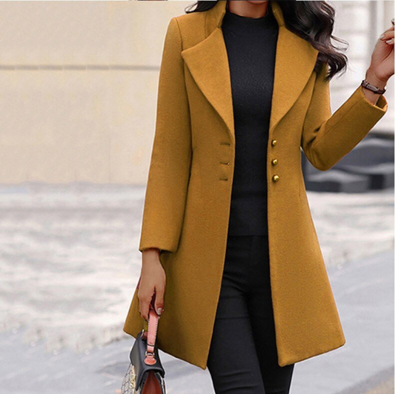 Women’s Tailored Coat – Slim Fit – Luxury Fabric – Notched Lapel – Mid Length Elegant Style