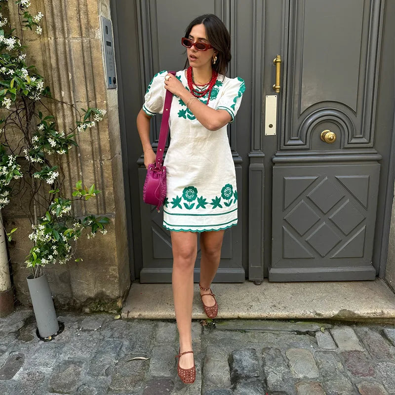 Women's Short Dress - Floral Embroidery - Puff Sleeve - Lightweight Casual Wear