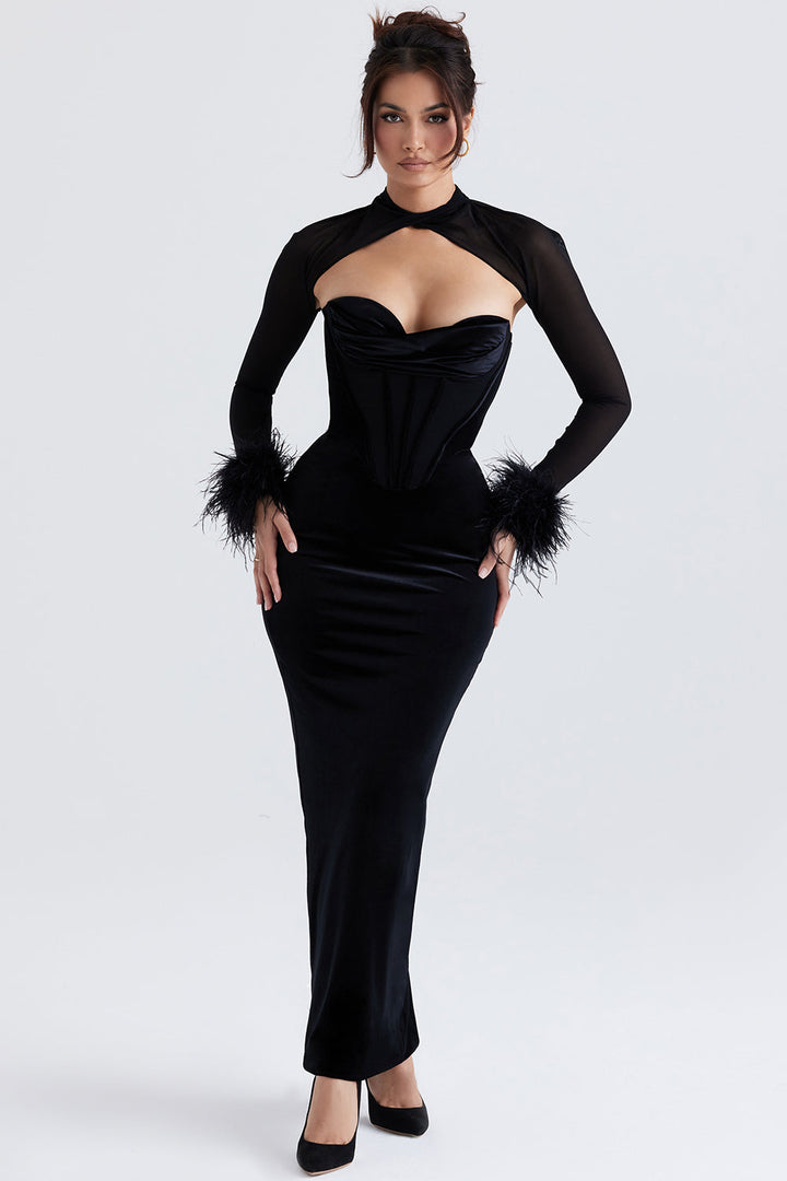 Women’s Evening Gown – Strapless Corset Bodice – Sweetheart Neckline – Mesh Sleeves